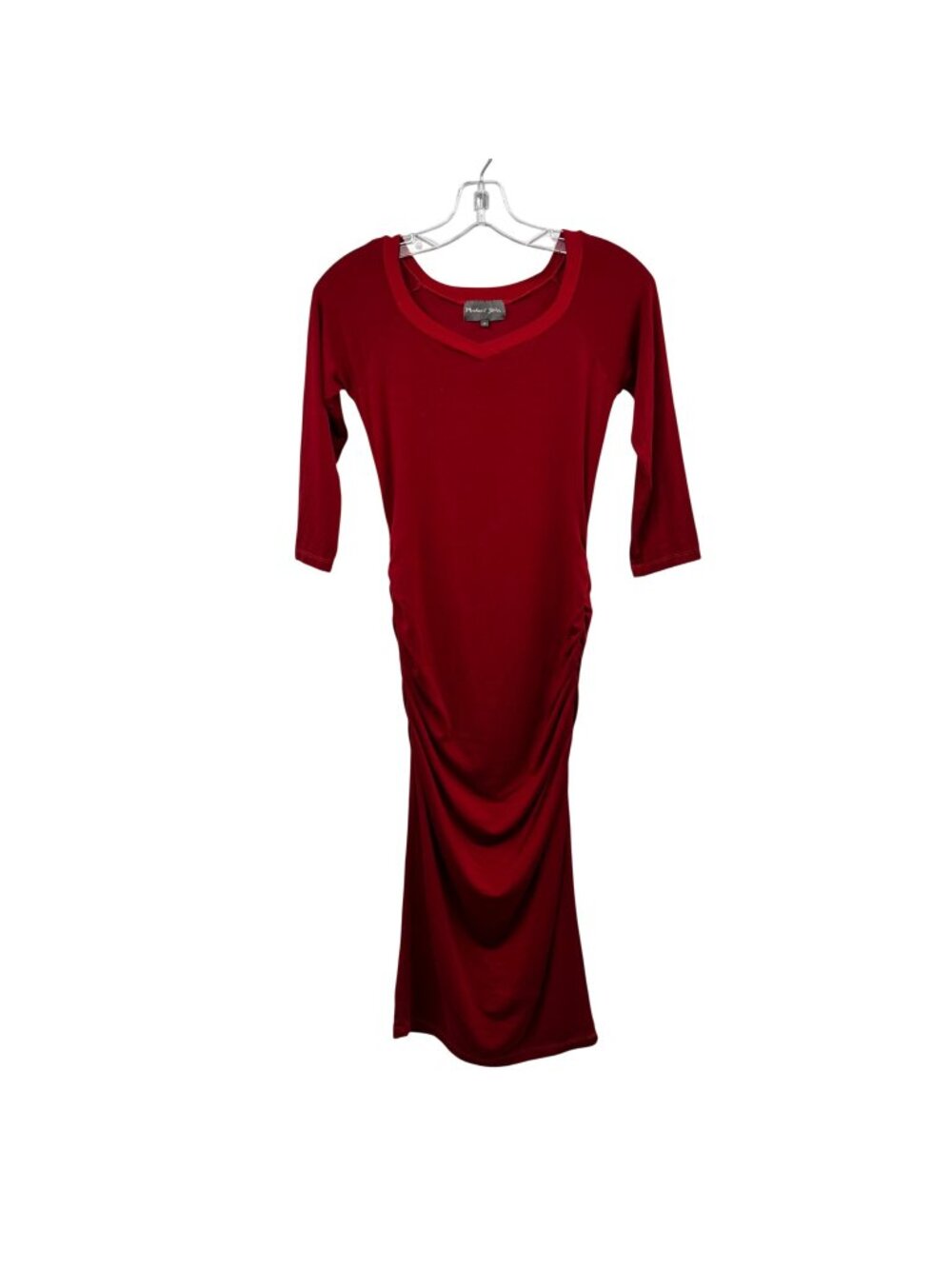 Michael Stars Bodycon Midi Dress Ruched 3/4 Sleeve Red Womens Size Small